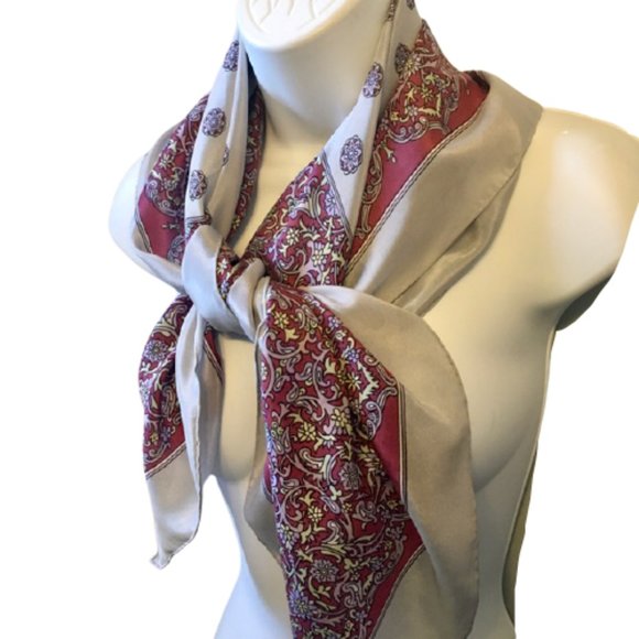 Golden Camel Silk Scarf Paisley Gray Rust Lavender Green Large Square Hand Print - Picture 4 of 6